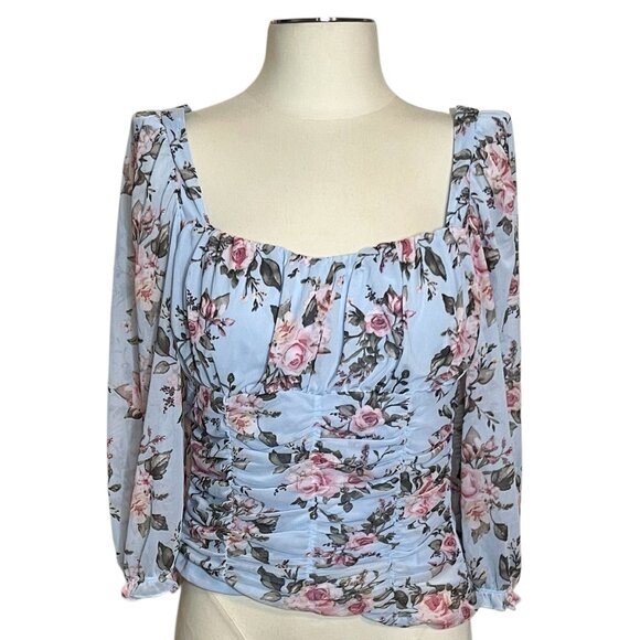 Almost Famous romantic blue ruched cropped blouse with floral print size L NWT - Picture 1 of 11